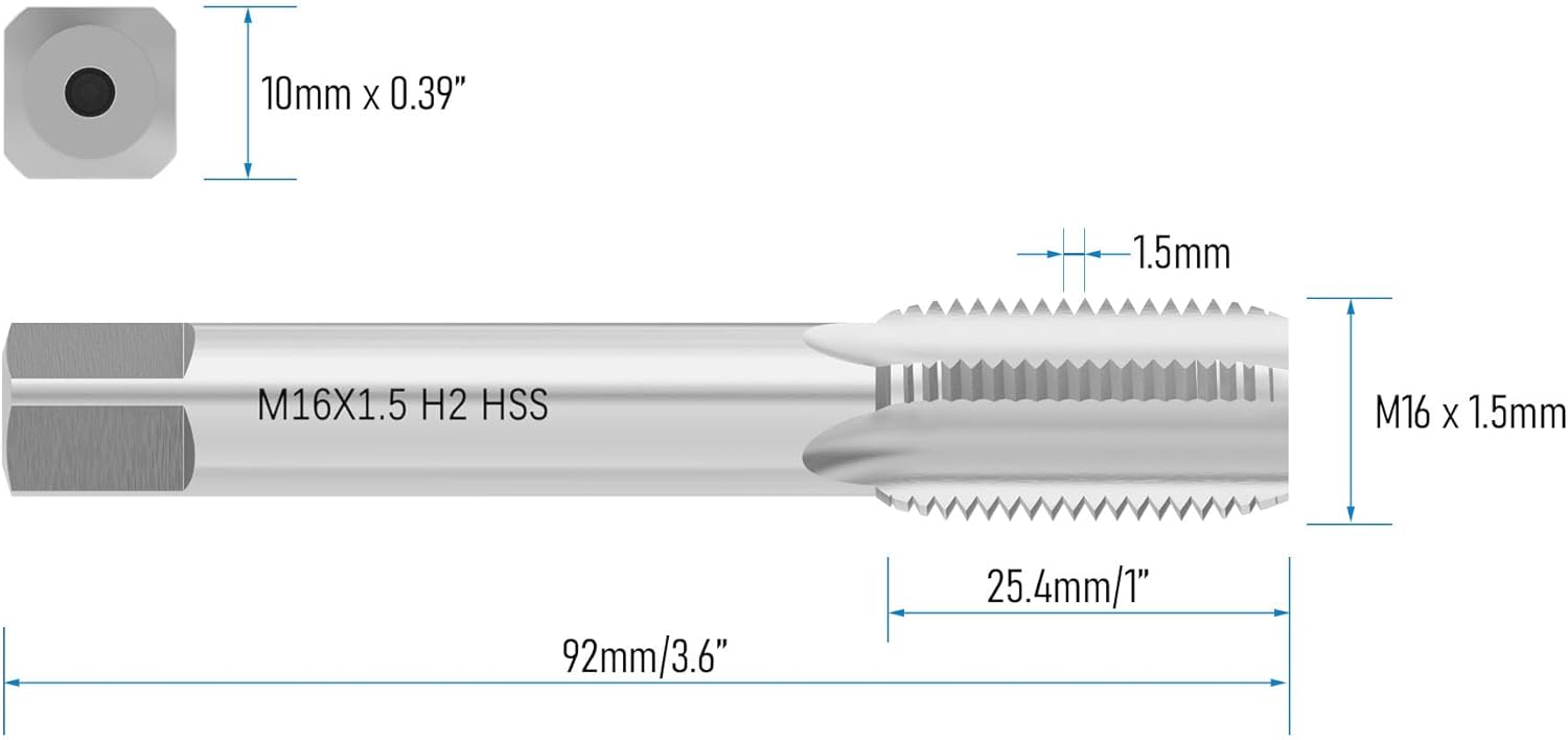2 Pieces M16 x 1.5 Metric Machine Tap, HSS 6542 Screw Tap H2, 4 Straight Flutes Thread Hole Repair Tools, Screw Milling Threading Machinist Repair(M16 x 1.5mm)