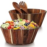 Hushee 4 pcs Gaint 12Inch Wooden Salad Bowl Set Large Round Wood Bowls with Salad Fork and Spoon Handmade Natural Acacia Wood Serving Bowls for Fruit Dining