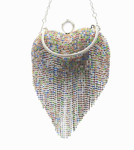 Image of UMREN Women Luxury Heart Shape Tassel Evening Clutch Bag Rhinestones Wedding Party Purse Handbag