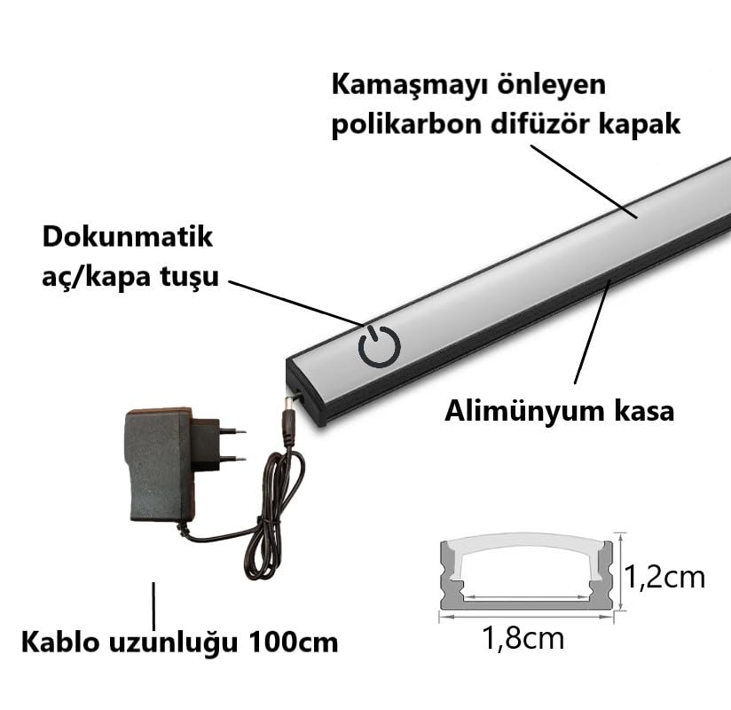 Dokunmatik 120cm Dim Edilebilir Tak Çalıştır Led Işık Mutfak, Dolap, Tezgah Altı, Duvar Dekoratif GeceLamba (GÜNIŞIK)