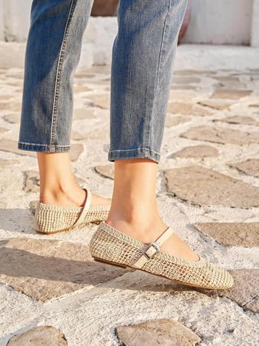 Image of Coutgo Womens Mary Jane Woven Flats Round Toe Ballet Flats Dressy Comfortable Slip On Shoes
