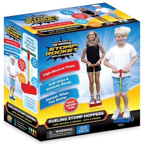Image of Stomp Hopper Foam Pogo Stick for Kids 2 Pack - Jump, Bounce, Squeak! | Pogo Stick, Soft Grips & Stretchy Bands - Fun Outdoor Toys for Boys & Girls, Ages 4 & Up - STEM Indoor & Outside Toys