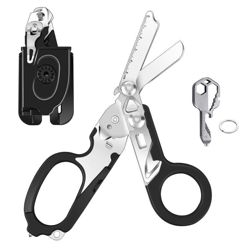 Awaiymi 6 in 1 Multifunktions-Klappbare Traumaschere mit Schere Zange & 24 in 1 Multifunktions-Schlüssel Notfall-Schere mit Gurtschneider & Glasbrecher Rettungsschere für Outdoor-Camping (Schwarz)