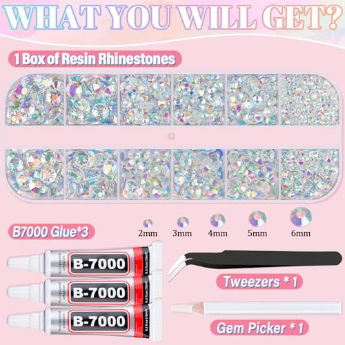 Image of Resin Rhinestones for Crafting with 3Pcs 10ml B7000 Jewelry Glue, 1 Box Transparent AB Flatback Gems Crystals Diamond for Bedazzling Crafts DIY Nail Art Makeup, Gems for Clothing Tumblers Shoes