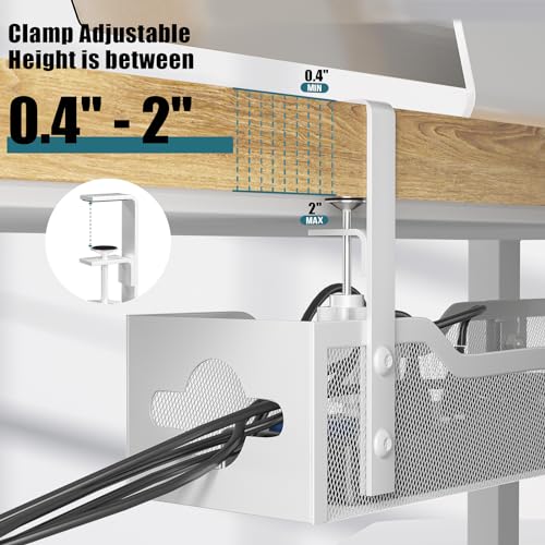 Image of Under Desk Cable Management Tray White, Litwaro Cable Management Under Desk No Drill, 25'' Cable Tray with Clamp for Wire Management, Cord Organizer for Office, Home - No Damage to Table