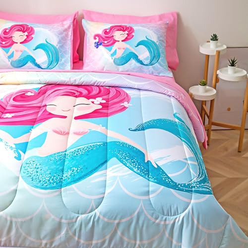 Image of Pink Little Mermaid Twin Size Bedding Set for Girls, 5-Piece Soft Kids Comforter with Matching Sheets and Pillow Sham, Cute Sea Princess Bed in a Bag