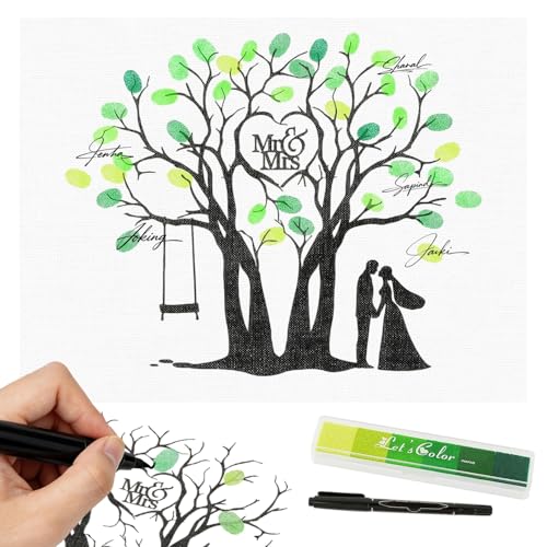 Livre d'or Mariage Créatif Empreinte Doigt Toile Peinture Arbre de Vie 30x40 cm avec Encreur Vert Dégradé et Stylo Remplace le Invités Typique Souvenir de...