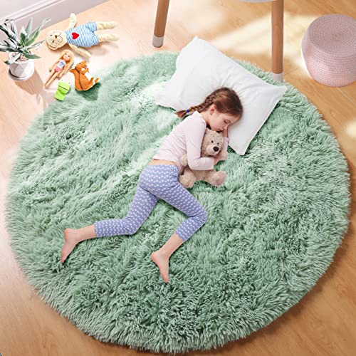 Image of Sage Green Round Rugs for Boys Bedroom,Shaggy Circle Rug 5Ft for Kids Room,Fluffy Carpet for Classroom Shag Circular Rug for Nursery,Fuzzy Plush Rugs for Teen Dorm,Cute Baby Room Decor