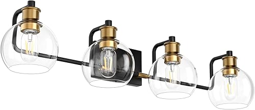 Miniatura 9 de Tipace Lámparas industriales para tocador de baño, 4 luces, acabado vintage negro y dorado con globo de vidrio transparente, iluminación de baño de