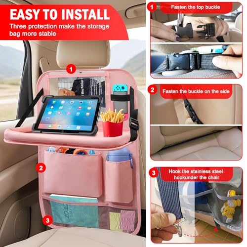 Image of 2Pack Car Backseat Organizer with Foldable Table Tray,6 Storage Pockets Car Storage Organizer with Tablet Holder,Car Seat Back Protectors Kick Mats Travel Accessories (Pink)