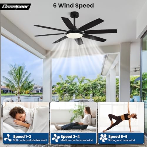 Image of Conciseer Modern 65 Inch Ceiling Fans with Lights and Remote for Living Room Home Office Indoor /Outdoor,3CCT LED 36W, Dual Color 8 Blades 6 Speed Reversible Quiet DC Motor, Black /Wood Grain