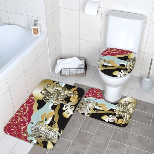 トイレマット 風神と雷神 浮世絵 和風 バスマット 3点セット ふたカバー 吸水 おしゃれ 滑り止め トイレ床マット カーペット フタカバー 便座カバー U型 O型 兼用 浴室 家庭用