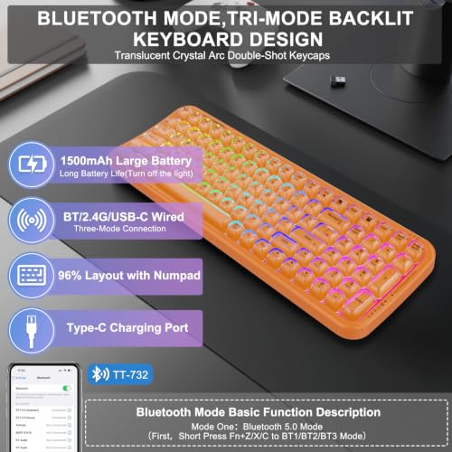 Image of FOPETT Wireless Computer Keyboard with RGB Backlit, Tri-Mode Bluetooth 5.0 /USB-C /2.4GHz Ergonomic Gaming Keyboard - Full-Size Rechargeable Transparent Keycap for Laptop /Windows /PC - Orange