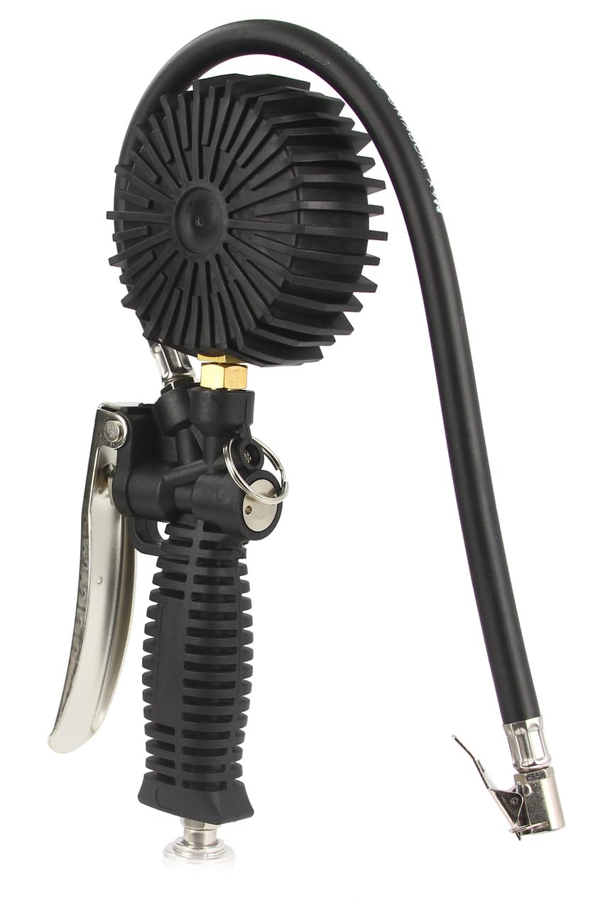 Pistola per Gonfiaggio con Manometro | Scala di Pressione fino a 12 Bar / 170 psi | Attacco Rapido 1/4' | Tubo 44 cm | Valvola a 2 Stadi