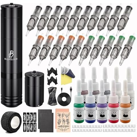 Tattoo Gun-BIOMASER Tattoo Kit Wireless Tattoo Gun Kit for Beginners Complete Rotary Tattoo Machine Set 20 Cartridge Needles,Extra tattoo battery Pack, Ink Set Tattoo Supplies Cover