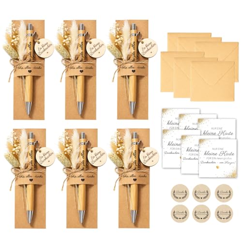 6er Set Dankeschön Geschenk – Holz Kugelschreiber „Danke für Alles“, Trockenblumen, Grußkarten, Umschläge & Siegelsticker – Persönliche Danksagung für Kollegen, Lehrer, Erzieherin & Freunde