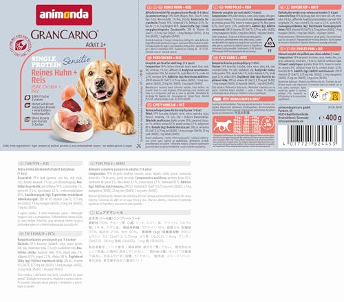 animonda GranCarno Hunde Nassfutter Sensitiv Reines Huhn + Reis (6 x 400g), getreidefreies Hundenassfutter ohne Zucker, für ausgewachsene Hunde, mit frischen fleischigen Zutaten