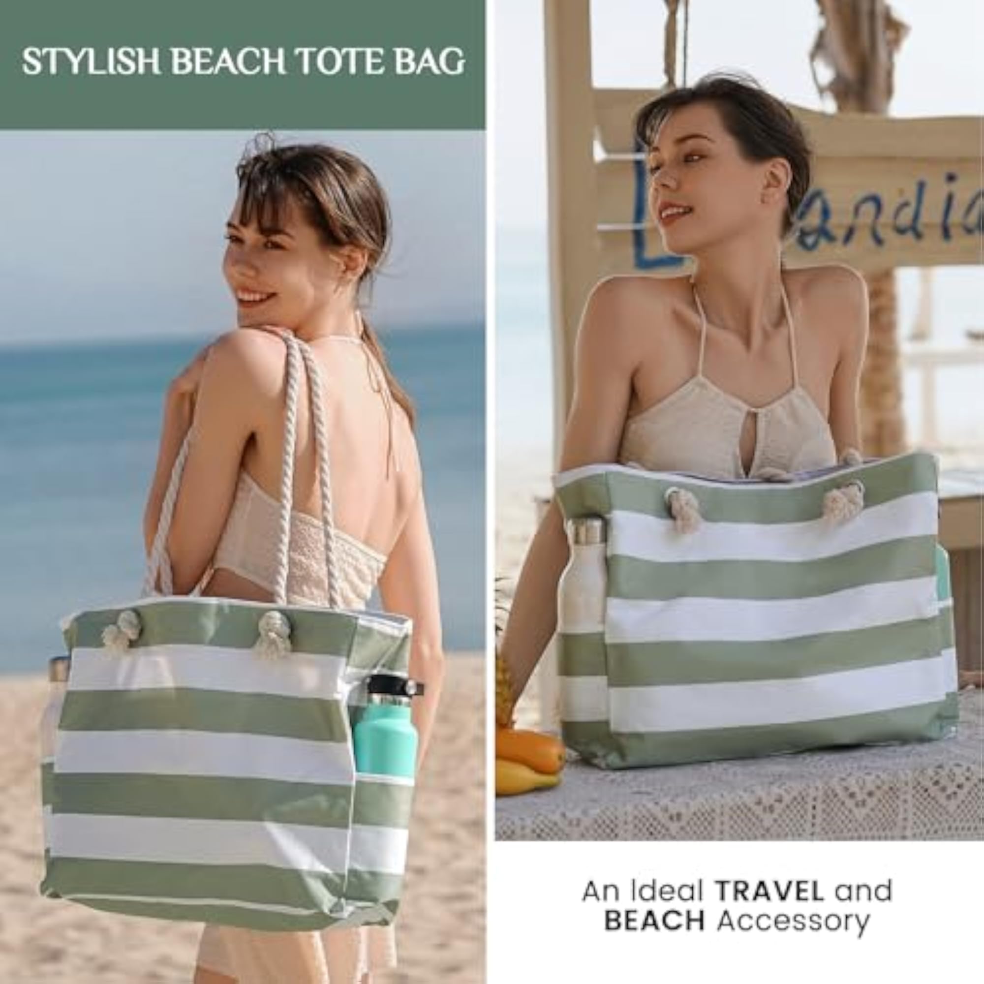 Large Waterproof Sandproof Beach Tote Bag with Zipper