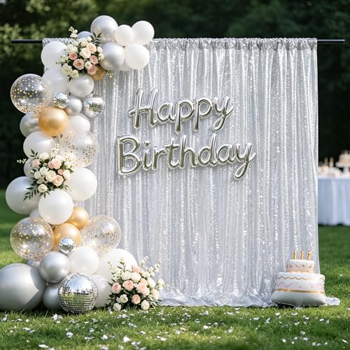 Image of Silver Sequin Backdrop Curtain Drapes 8ftx8ft Glitter Fabric Photo Backdrop | Twilight Sparkle Photo Backdrop Curtain for Wedding /Baby Shower /Pincess Happy Birthday /Graduations /New Years /Theme Party