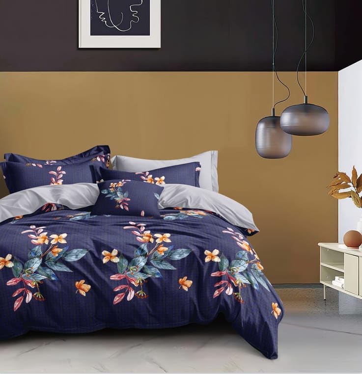 AR Living Premium Stella Collection Cotton Queen Size Bedsheet for Double Bed with 2 Pillows Covers Wrinkle & Fade Resistant Flatsheet for Bedroom Pack of 3 Pieces (90x100 Inches) - Navy Blue