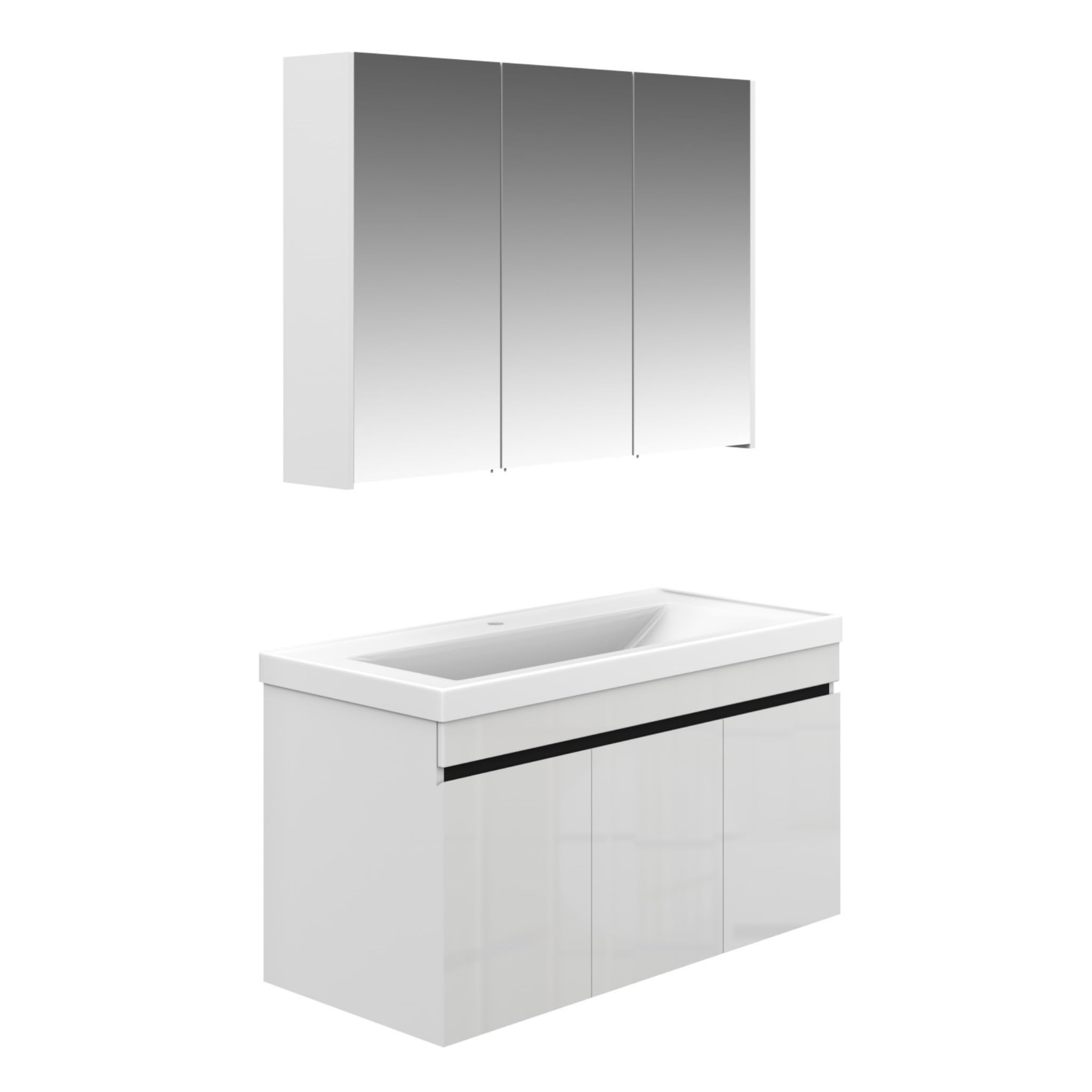 Badmöbel Set Venus 100 Weiß | Keramikwaschbecken | Unterschrank | Spiegelschrank | Softclose-Türen & unsichtbare Griffe | Futuristischer Stil | Badezimmermöbel Waschtischunterschrank