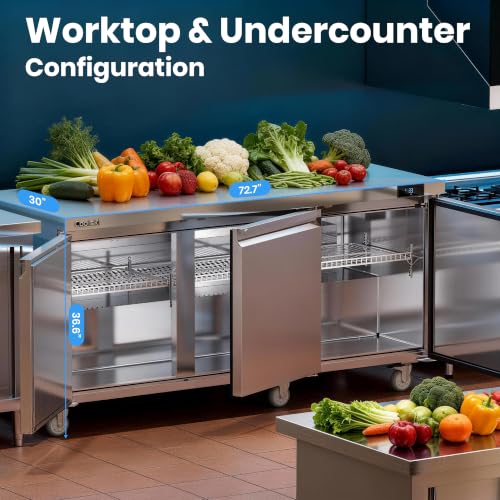 Image of Coolski Commercial Worktop Undercounter Refrigerator, 72 inch W 3 Door Commercial Under Counter Fridge, 20.9 Cu.ft. Stainless Steel Fan Cooling Refrigerator for Restaurant, Bar, Shop, Kitchen Use