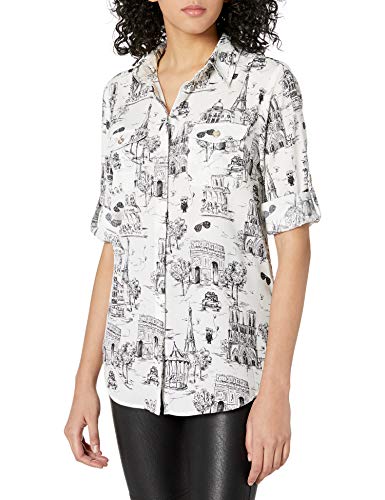 Karl Lagerfeld Paris Women's Roll Sleeve Shirt, Soft White Combo, X-Small
