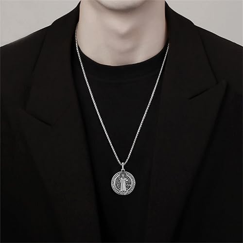 Miniatura 6 de Collar de plata de ley 925 de San Benito, colgante de protección cruzada redonda con dije de moneda religiosa católica, joyería de talismán para