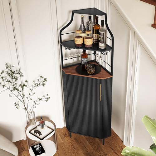 Image of ARTPOWER Corner Bar Cabinet with LED Strip, 4-Tiers Liquor Cabinet, Black