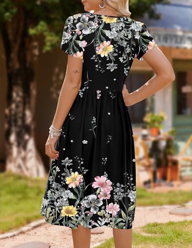 Image of HOTOUCH Women's Summer A-Line Midi Dresses 2026 Casual Floral Short Sleeve T-Shirt Dress Flowy Beach Sundress with Pockets