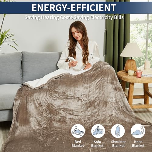 JKMAX Heated Blanket Electric Throw - 50\"x60\" Electric Heating Blanket 10 Heat Setting 5 Levels Auto-Off Heated Throw Blanket Overheat Protection Soft Flannel Sherpa Electric Blanket ETL Certified
