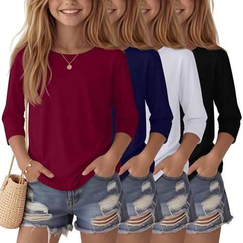 Image of 4 Pack Girls 3 /4 Sleeve T Shirts Kids Crewneck Elbow Sleeve Casual Tops Solid Basic Cute Teen Tees 5-14Y
