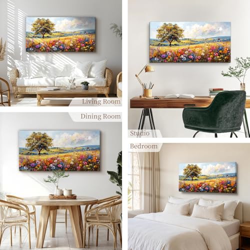 SERIMINO Spring Landscape Wall Art, Nature Tree Wildflower Large Artwork, Colorful Scenery Rustic Painting Canvas Prints, Modern Farmhouse Wall Decor Living Room Bathroom Kitchen Picture 20X40 Inch