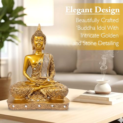Image of GLUN Polyresin Spiritual Sitting Buddha Statute, 1 Piece Golden Colour Idol Statue Showpiece for Home Decor Decoration, Gifting Items