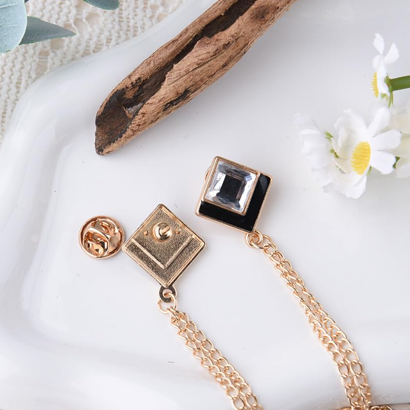 Image of Gem Brooch Pins Hanging Chain Lapel Pin for Men Suits Shirt Collar Brooch Square Crystal Brooch Pin Rhinestone Lapel Pins for Men Tassel Chain Brooch Collar Pins Business Suit Shirt Accessories