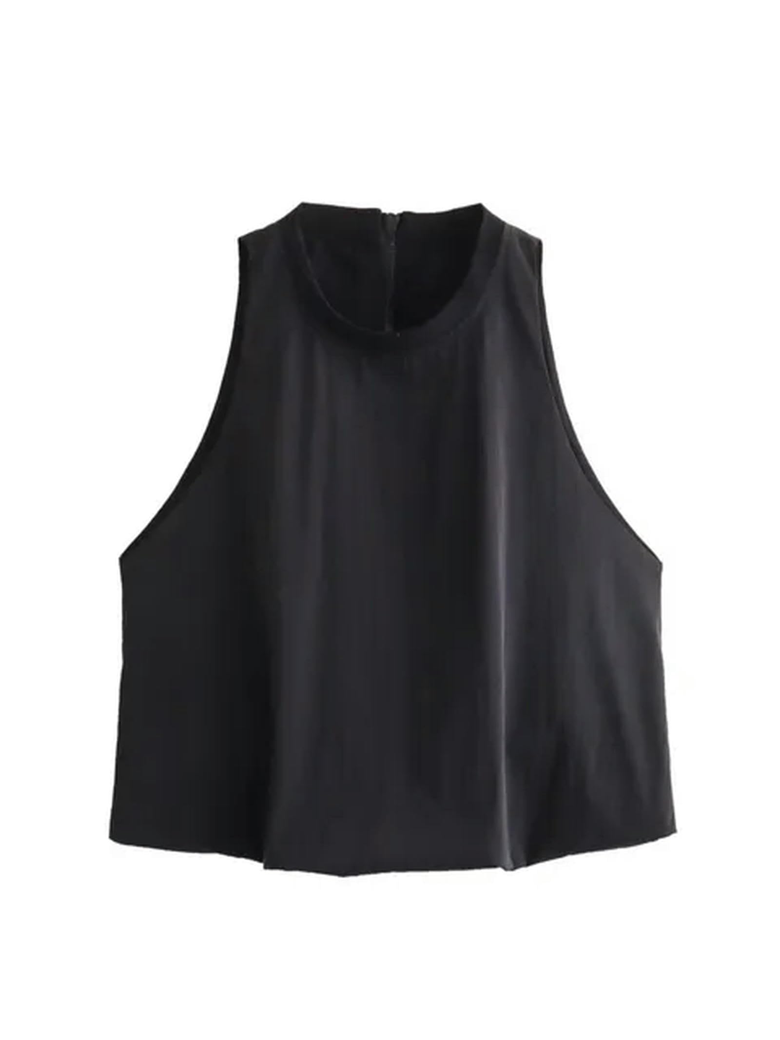 Blusa Informal Negra para Mujer, Top de Manga Larga con Cuello Redondo y Cremallera en la Espalda, Ropa de Calle para Mujer, Conjuntos 06-04-M
