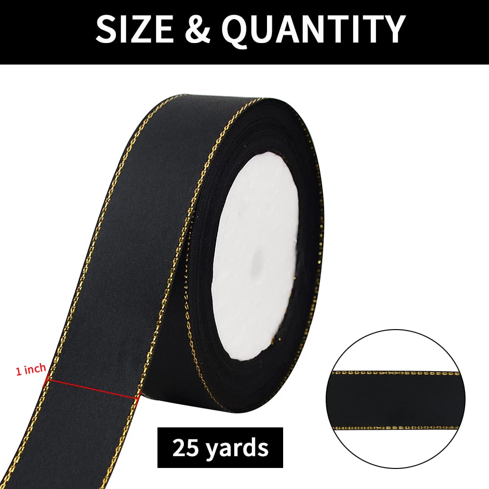 TONIFUL 1 Inch x 25 yds Thin Black and Gold Satin Ribbon with Gold Edges Border Fabric Ribbons for Gift Wrapping Wedding Birthday Cake Decoration Floral Craft Bow Making Valentine's Day Bouquet