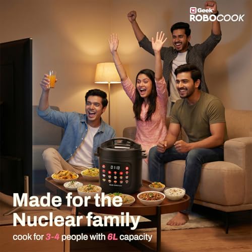 Image of Geek Robocook Nexa V6 Automatic Electric Pressure Cooker | 12 Indian Menus | SenseTouch Display | Rice, Biryani, Dal, & More | SafeClamp 360 10-Layer Safety | Stainless Steel Pot (6 Litre | Black)