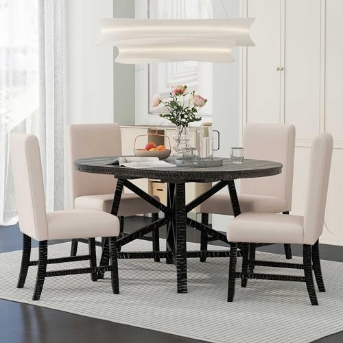 5-Piece-Retro-Style-Dining-Set-with-Extendable-Round-Table-and-4-Upholstered-Chairs-for-Kitchen-Living-Room-Black 5 Piece Retro Style Dining Set with Extendable Round Table and 4 Upholstered Chairs for Kitchen Living Room Black