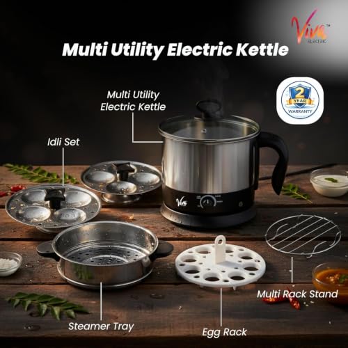 Image of 4-in-1 Multi-Utility Electric Kettle 1.8L | Electric Rice Cooker | Idli Maker | Egg Boiler | Momos & Vegetable Steamer | Multipurpose Kettle | 230V (Silver)
