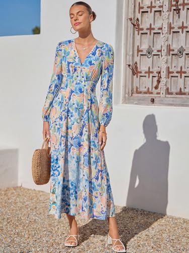 Image of Maxigerui Women's Long Sleeve Floral Maxi Dress 2026 Spring Summer Wedding Guest Dress Blue Doodle Floral Print Dress XL
