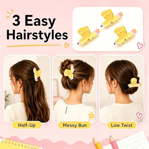 3 Pzas Pinzas para Cabello en Forma de Lápiz Amarillo para Maestras, Accesorios de Pelo miniatura 6