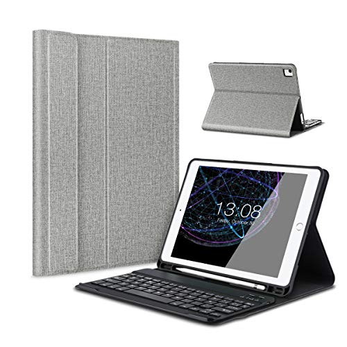 Besmall iPad 9.7 2017/2018 Funda de Teclado con Portalápices, Teclado inalámbrico Bluetooth con Cuero de la PU Cubierta para iPad 9.7 Lanzado en 2017/2018, iPad Air 1/2, iPad Pro 9.7 - Gris