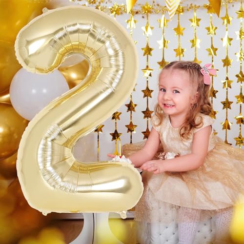 Image of Champagne Gold Large Number 2 Balloon, 40 Inch Light Gold Foil Helium Number Balloons, Giant Mylar Number 2 Balloons for 2nd Years Old Birthday Party Anniversary Decorations
