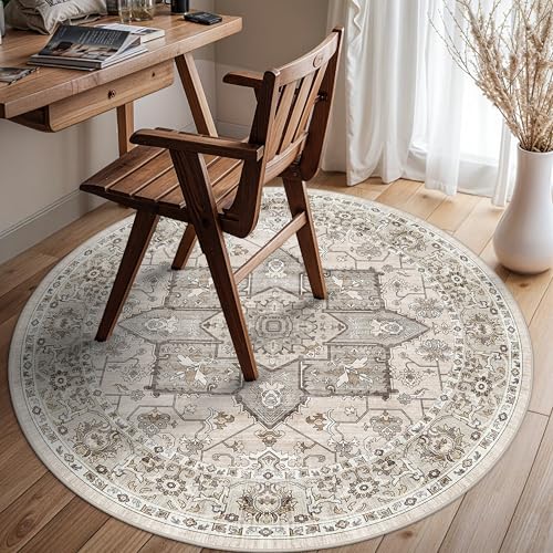 Living Room 4round Area Rug - Boho Rugs for Living Room Bedroom Stain Resistant Carpet Vintage Tribal Rugs for Kitchen Playroom with Non Slip Backing Home Decor Floor Mat for Bathroom 4ft Ivory