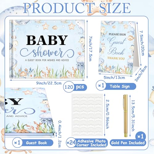 Image of Fuyoooo 27 Pcs Ocean Baby Shower Guest Book Set Baby Shower Sign in Guest Sea You Soon Under The Sea Book Place Table Cards with Gold Pen Adhesive Photo Corner for Birthday Party