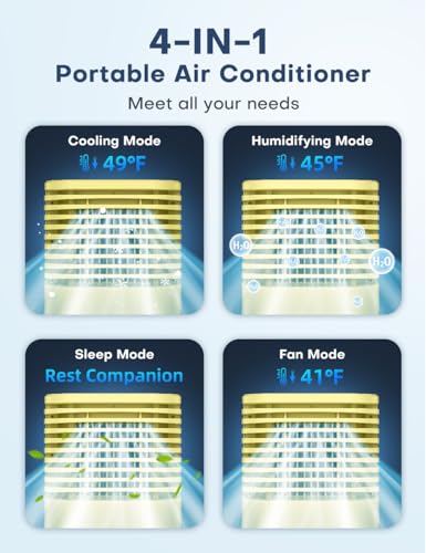 Image of 4-IN-1 Portable Air Conditioners, Evaporative Air Cooler w /4 Modes & 3 Speeds, 15H Timer for Smart Auto-off, 2-Gal Tank for 20H Cooling,17FT Remote,No Hose Needed - Yellow