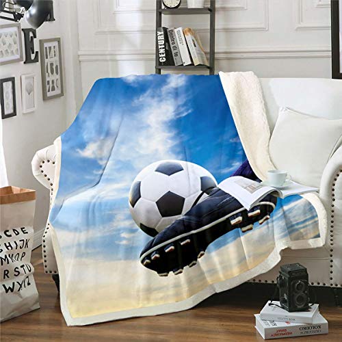 Homemissing Football Sherpa Blanket, Soccer Ball Pattern Fleece Throw for Kids Boys, Girls
