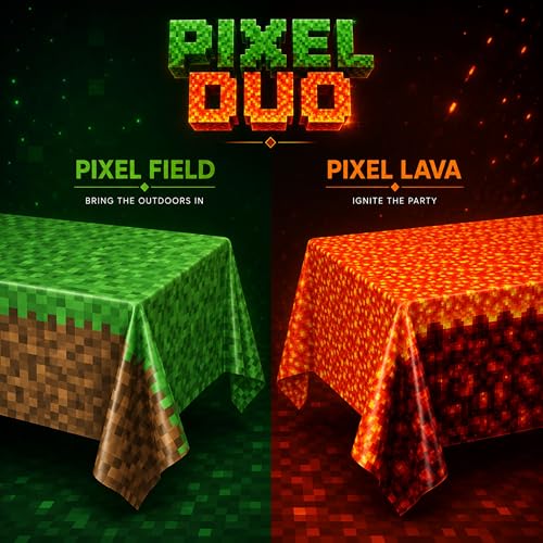 Image of Pixel Field & Lava Duo Table Covers (Pack of 2) - XL 54 inchx108 inch - Immersive Biomes Birthday Party Decorations, Gamer Party Tablecloth, Pixel Themed Decor, Plastic Table Cover, Event Decoration