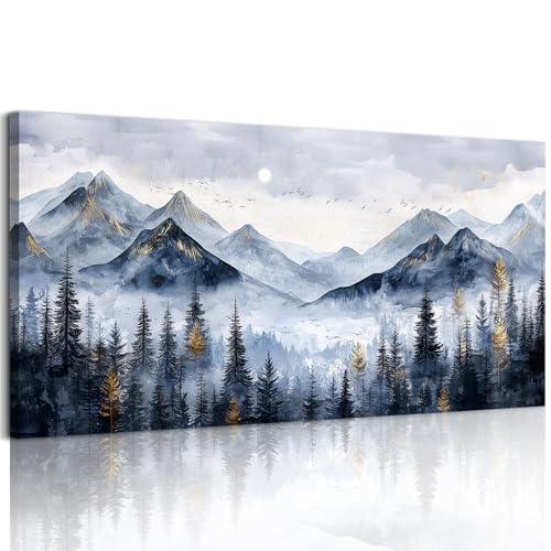SERIMINO Mountain Landscape Large Wall Art, Misty Forest Canvas Prints, Blue Gold Watercolor Pine Tree Paintings Wall Decor Living Room Bedroom, Natural Scenery Office Decor Pictures 20"X40"